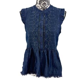 Moon River Anthropologie Sleeveless Denim Embroidered Ruffle Peplum Top M